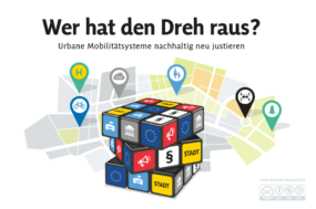 Das Bild zeigt einen Zauberwürfel vor einer Stadtkarte mit Symbolen. Auf dem Würfel sind Symbole für die EU,
                            Gesetze, die Stadt, Protest und ein Parlament. Auf dem Bild steht: Wer hat den Dreh raus? Urbane Mobilitätssysteme
                            nachhaltig neu justieren.